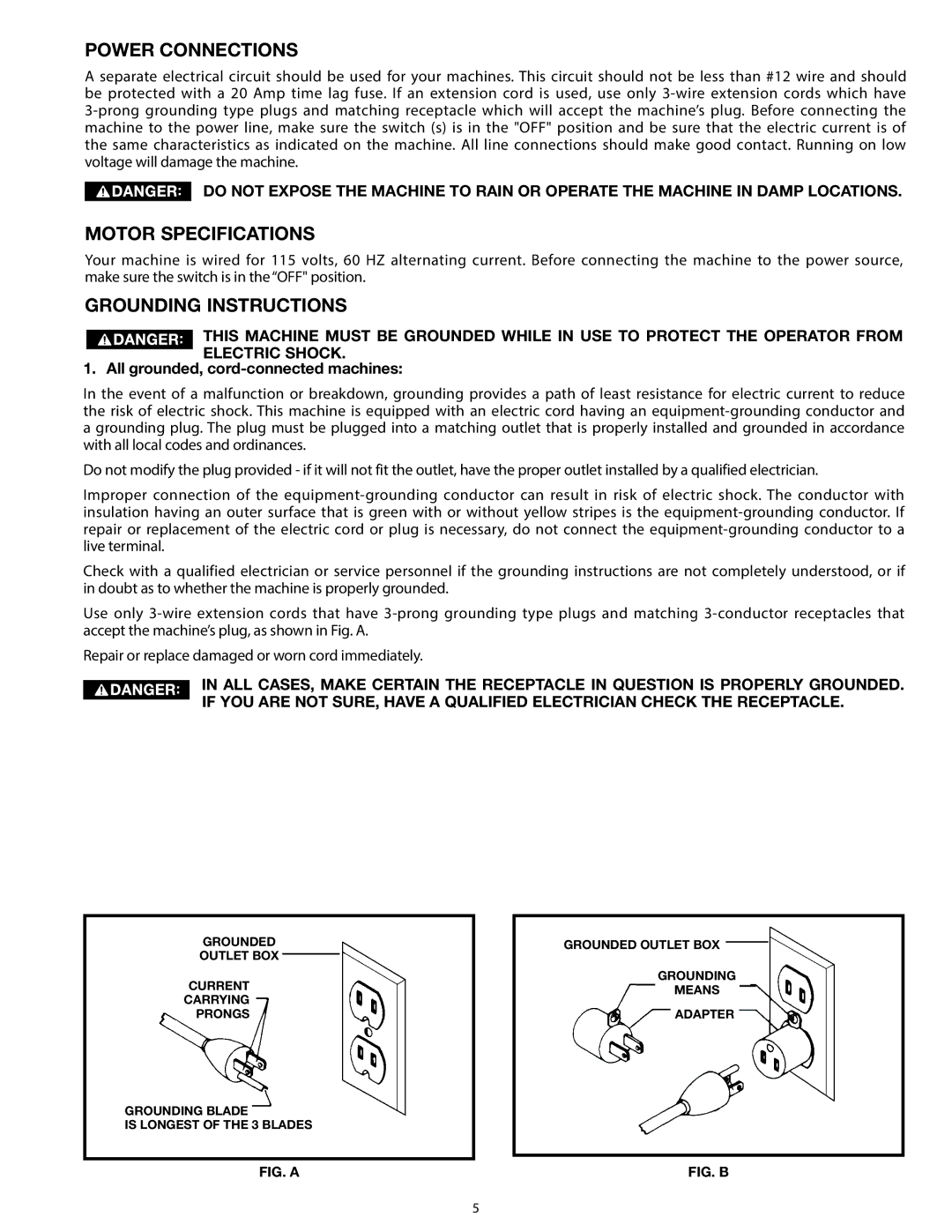 Delta 31-140 operating instructions Power Connections, Motor Specifications, Grounding Instructions 